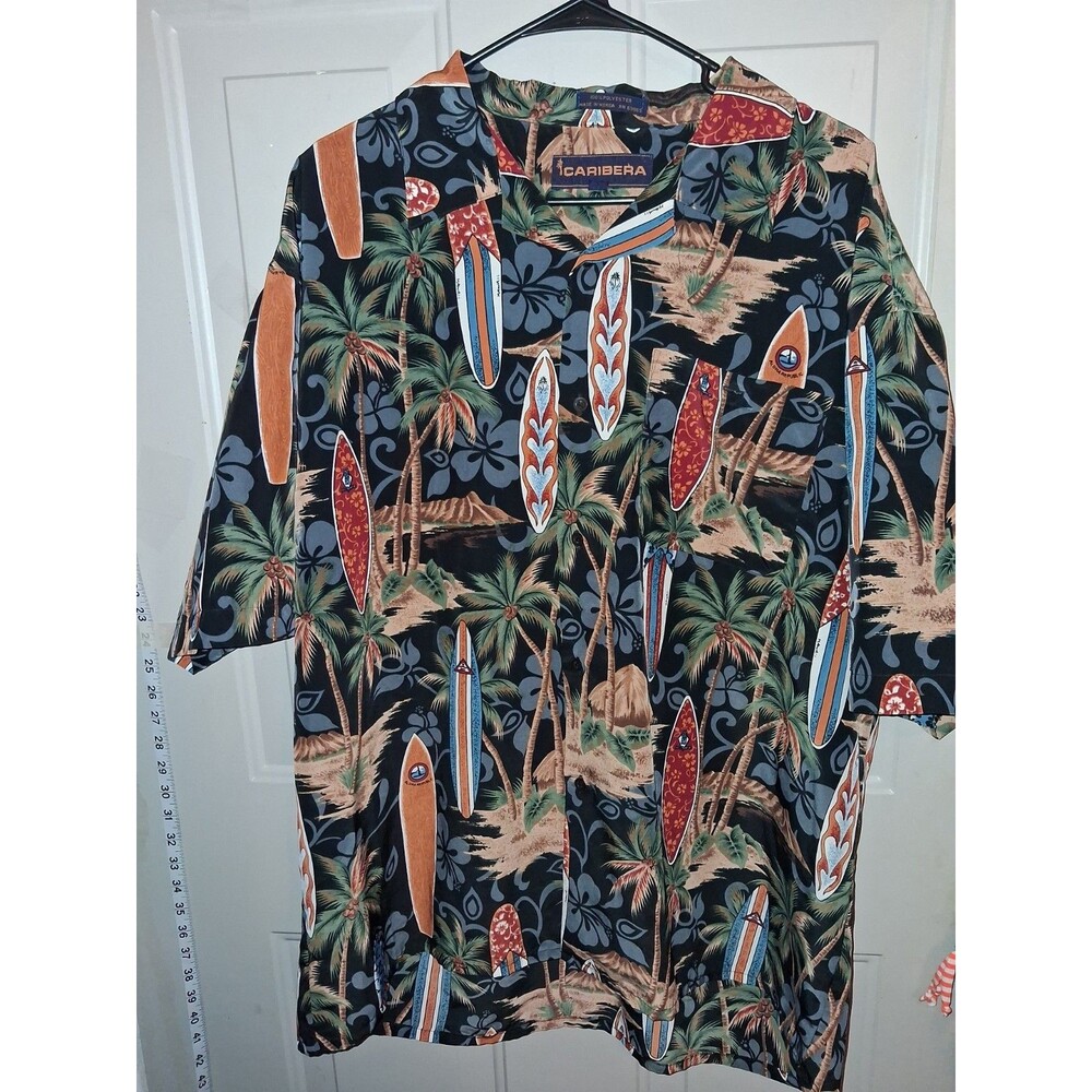 Caribera Hawaiian Aloha Shirt Mens XL Surfboards Palm Trees Beach Camp Made...